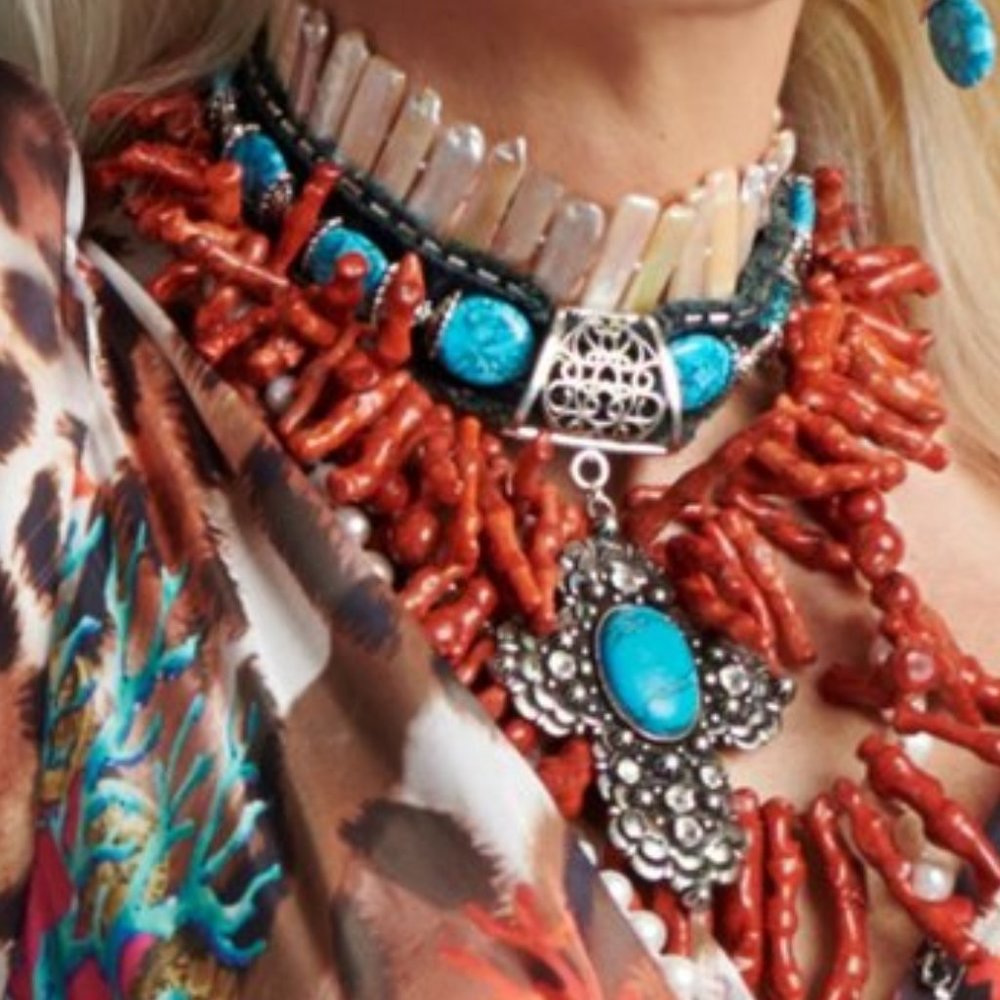 Turquoise and Coral Statement Necklace - Picture 7 of 10